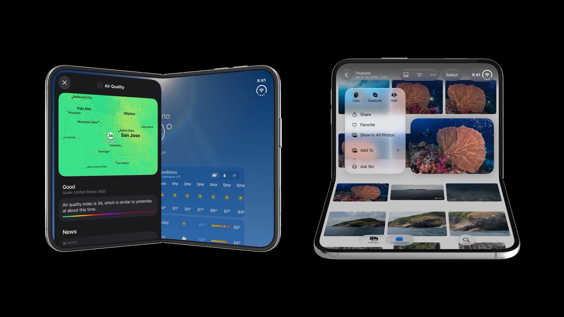 Weather's Air Quality sheet beside the fold in landscape and a Photos context menu above the fold in portrait.