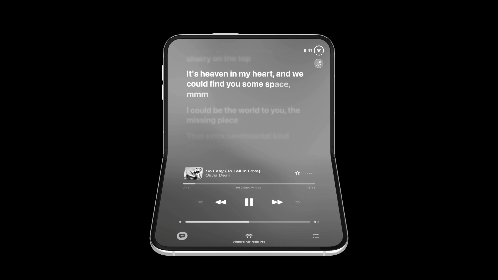 Music on a partially folded iPhone Duo in portrait, with lyrics on the top half and playback controls on the bottom half.