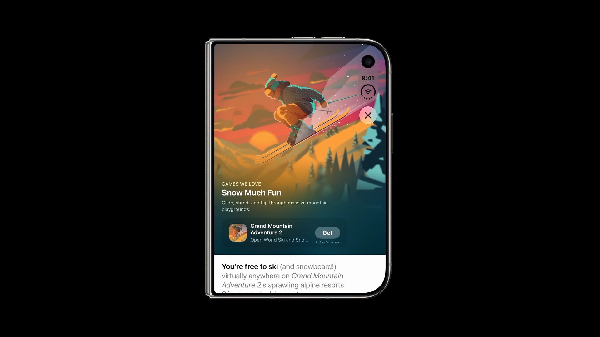 An App Store story with artwork filling the display and foreground text and an app card inset from the side controls.