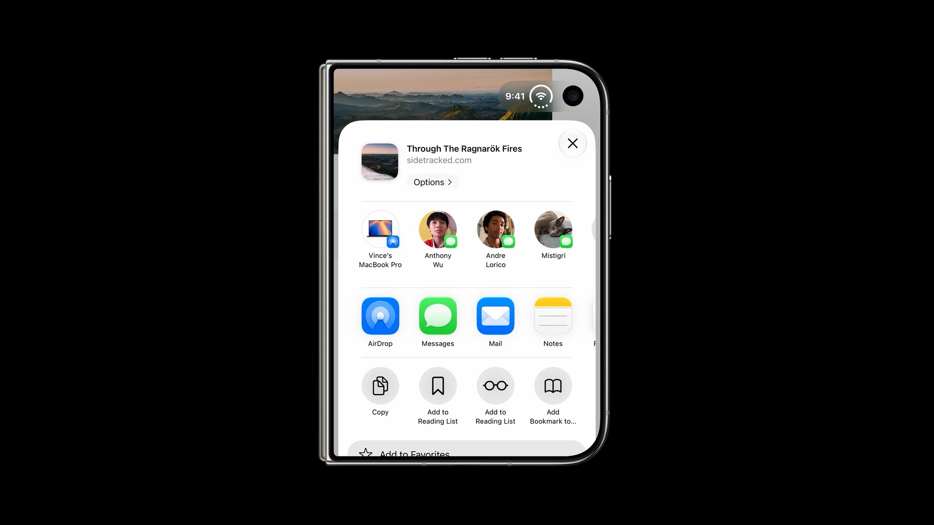 A share sheet on the outer display with a Close button in its top-right corner and no vertical toolbar.