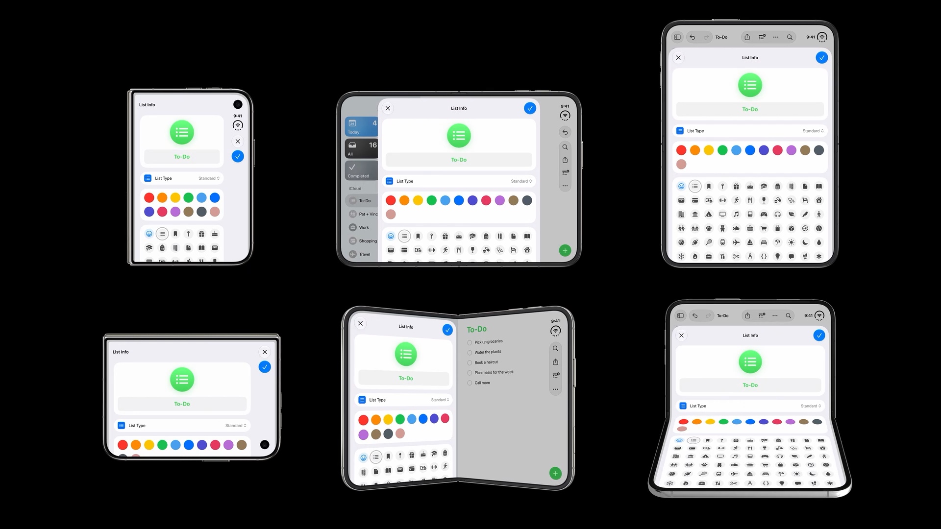 The Reminders List Info sheet adapting its size and position across six iPhone Duo poses.