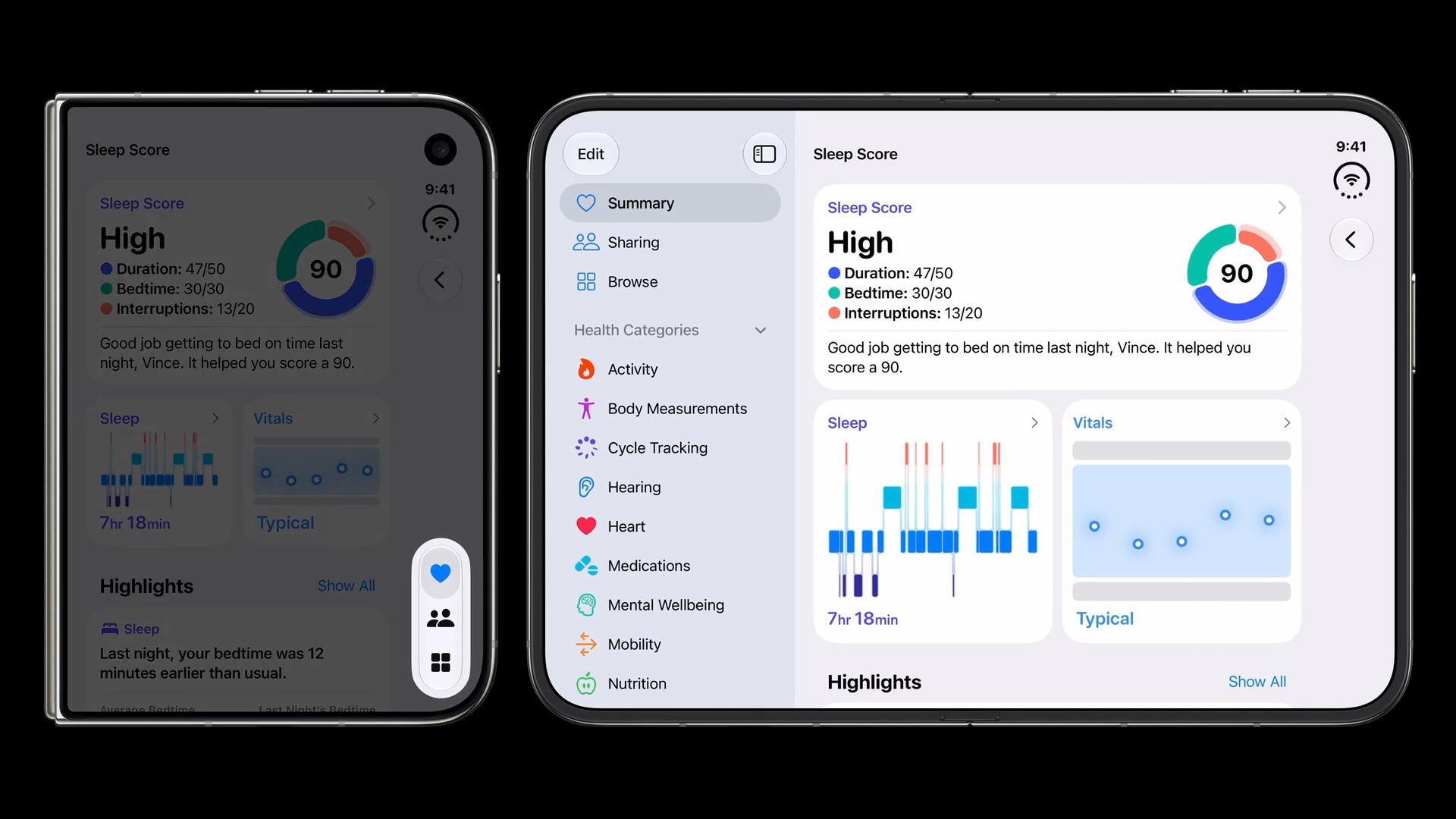 Health showing tabs in the vertical bar on the outer display and a sidebar with navigation destinations and health categories on the inner display.