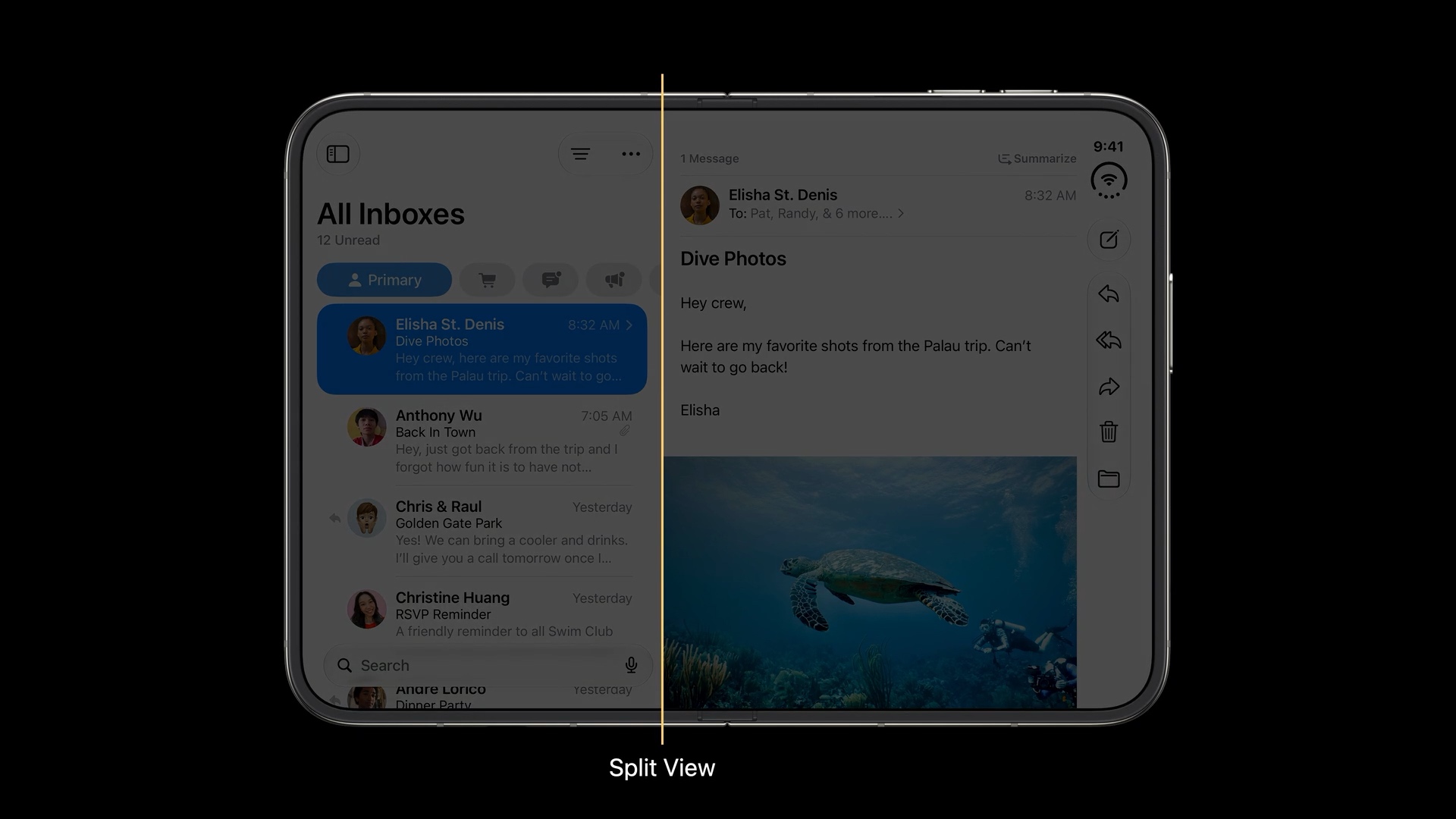 Mail on the open iPhone Duo, with a highlighted divider separating the inbox list from the selected message.