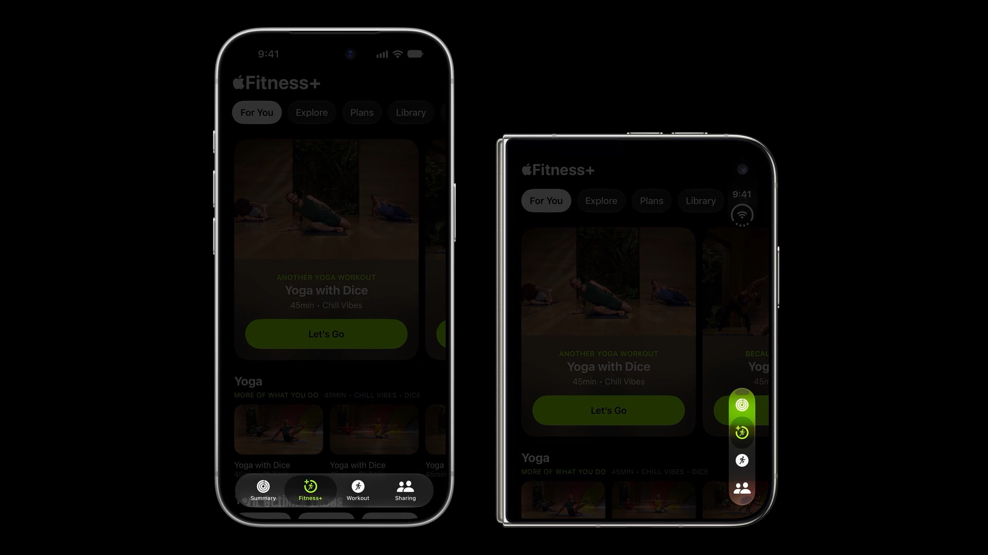 Fitness tabs highlighted in a horizontal row at the bottom of a traditional iPhone and a vertical stack near the bottom of the side bar on iPhone Duo.