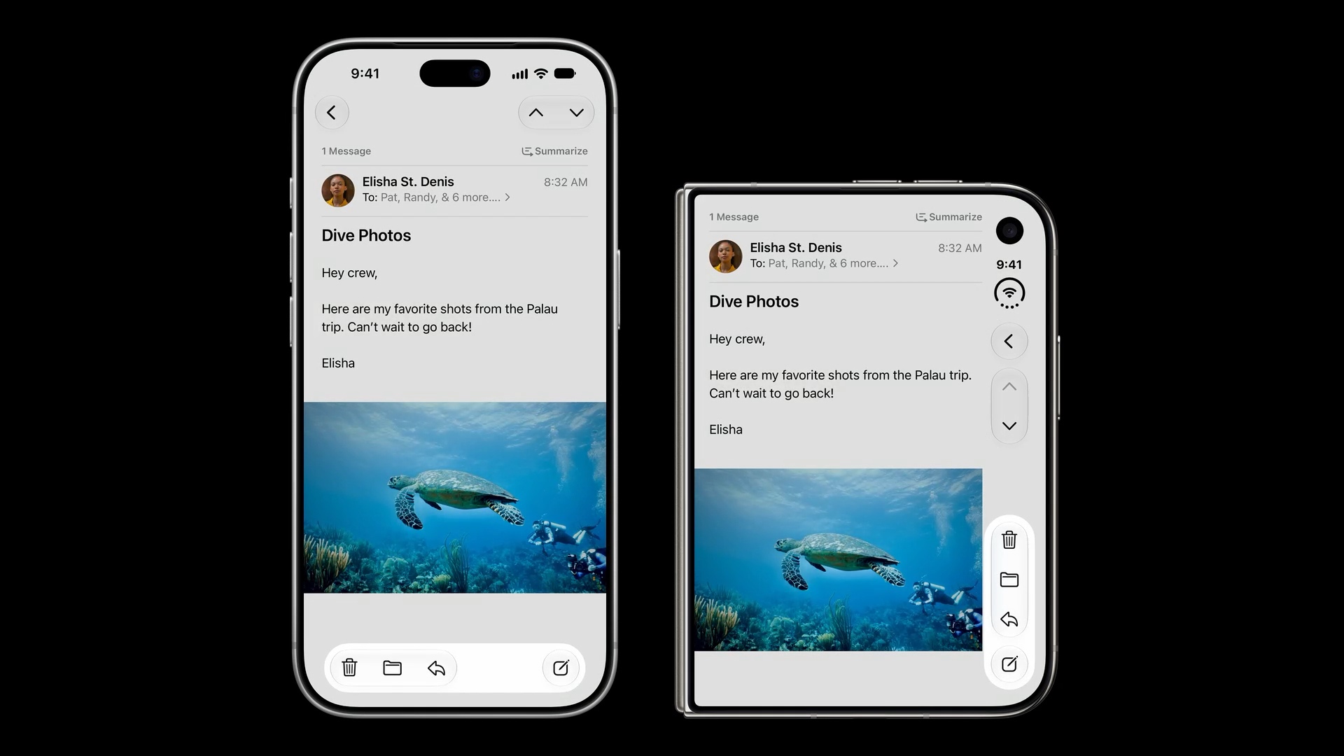 Mail toolbar items highlighted along the bottom of a traditional iPhone and at the bottom of the vertical bar on iPhone Duo.