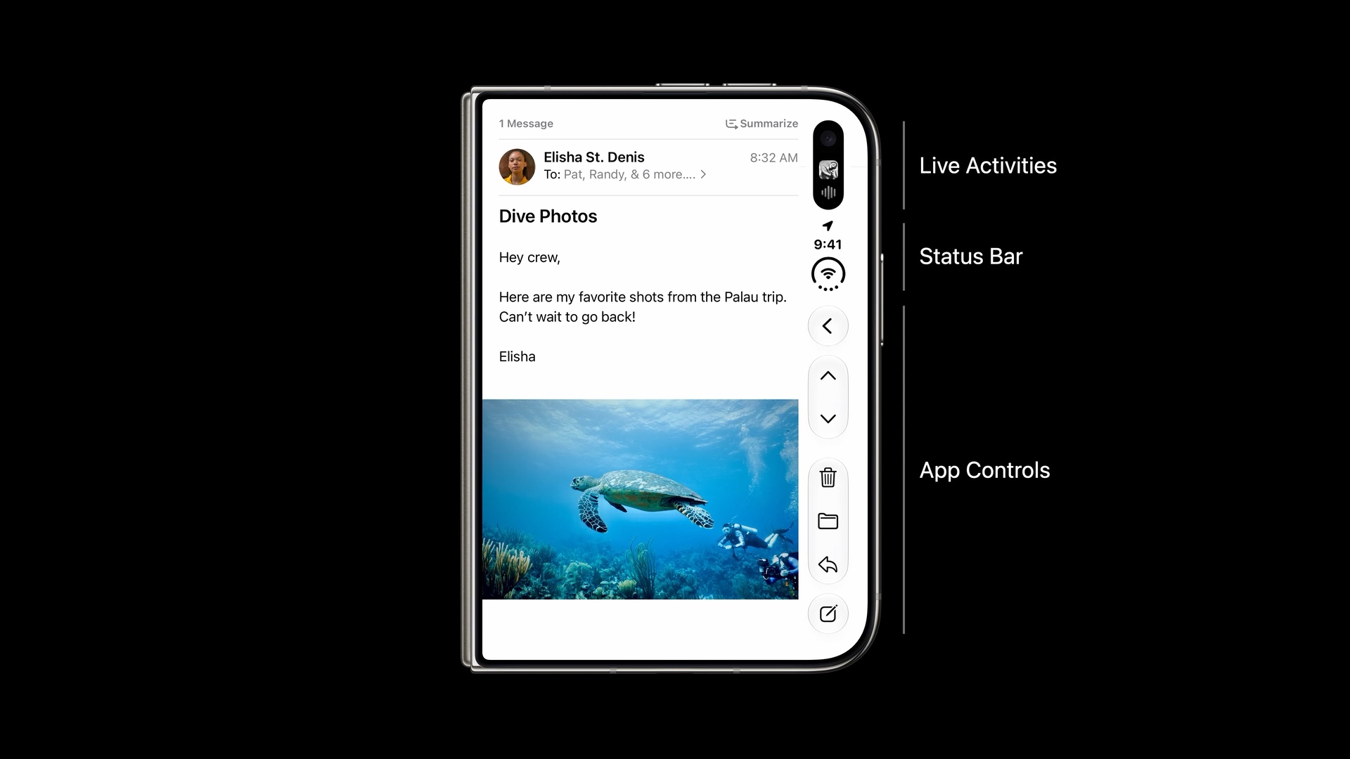 Mail with a vertical bar divided into Live Activities, status bar information, and app controls including navigation and toolbar items.