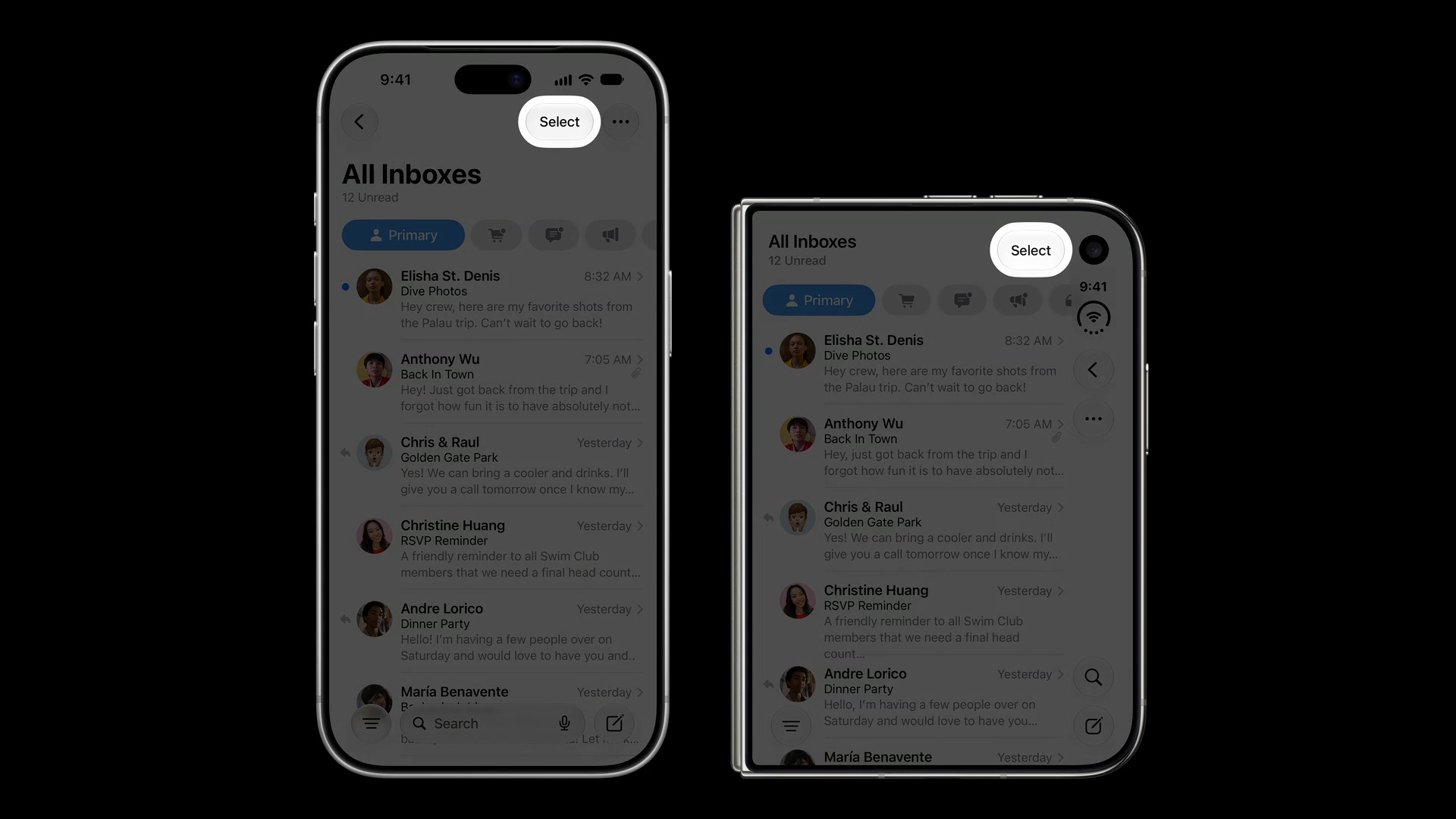 Mail's Select text button highlighted at the top on both a traditional iPhone and iPhone Duo, while other controls move to the side.