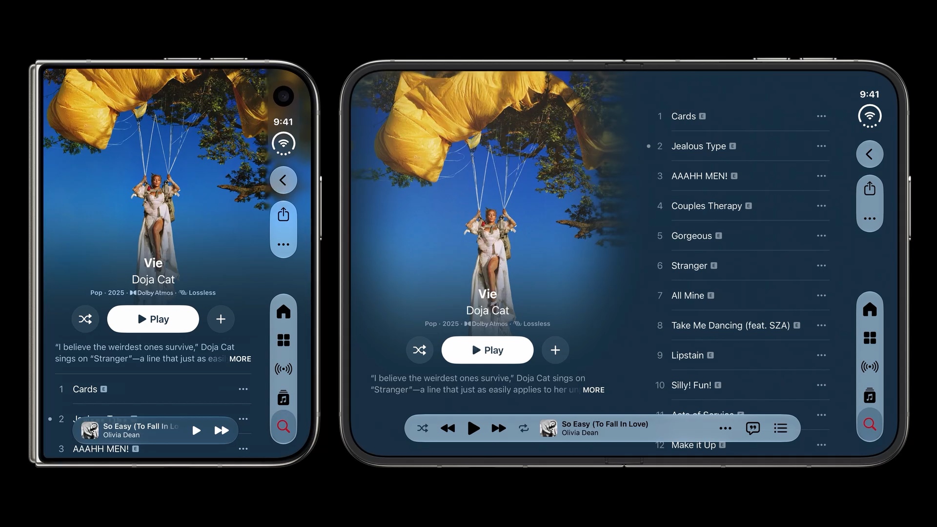 Music on the outer and inner displays, with toolbar items near the top and tabs below in the same vertical bar.