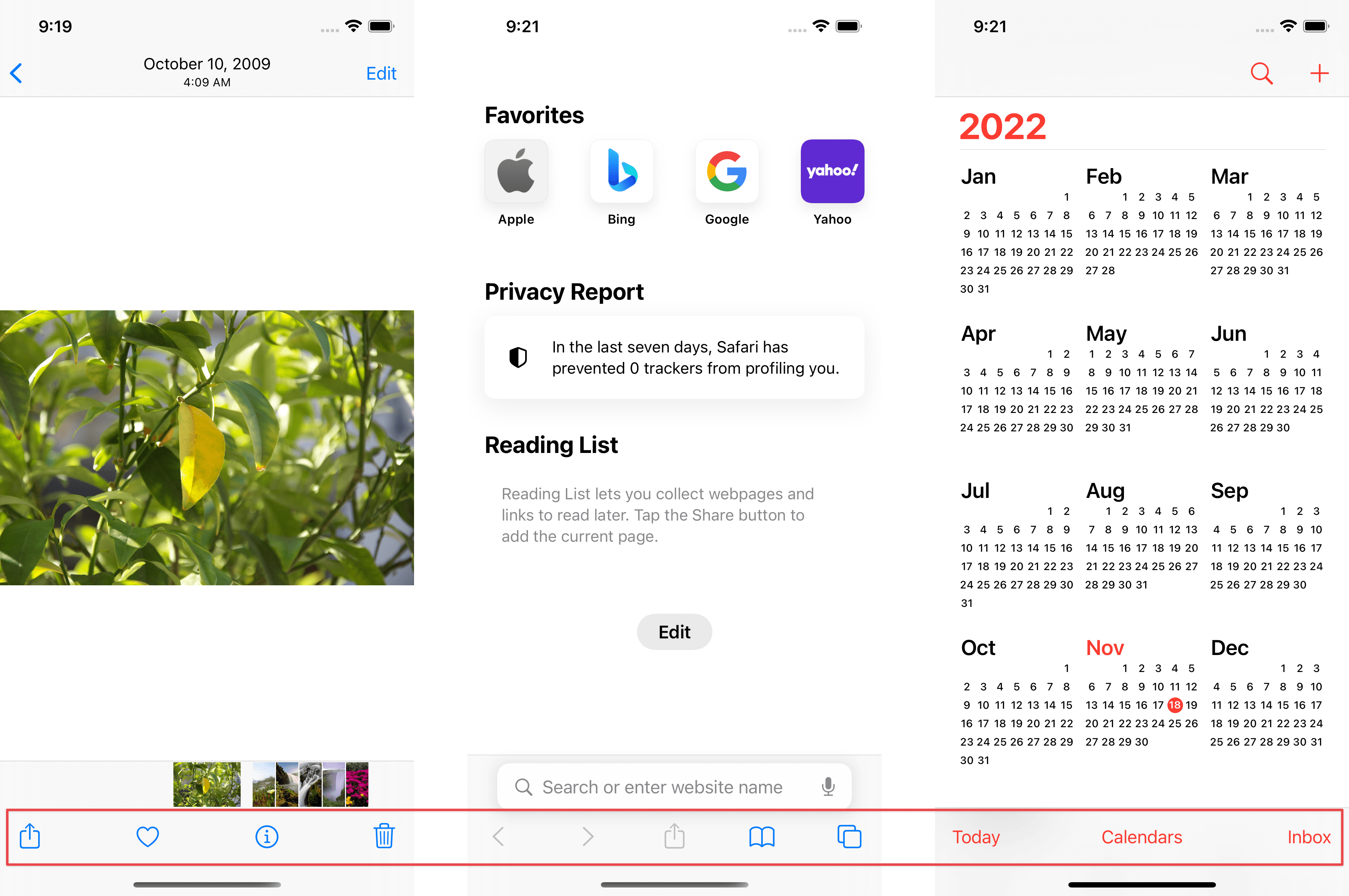 Toolbars on Photo, Safari, and Calendar app.