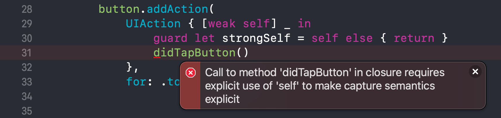 Call to method 'didTapButton' in closure requires explicit use of 'self' to make capture semantics explicit.