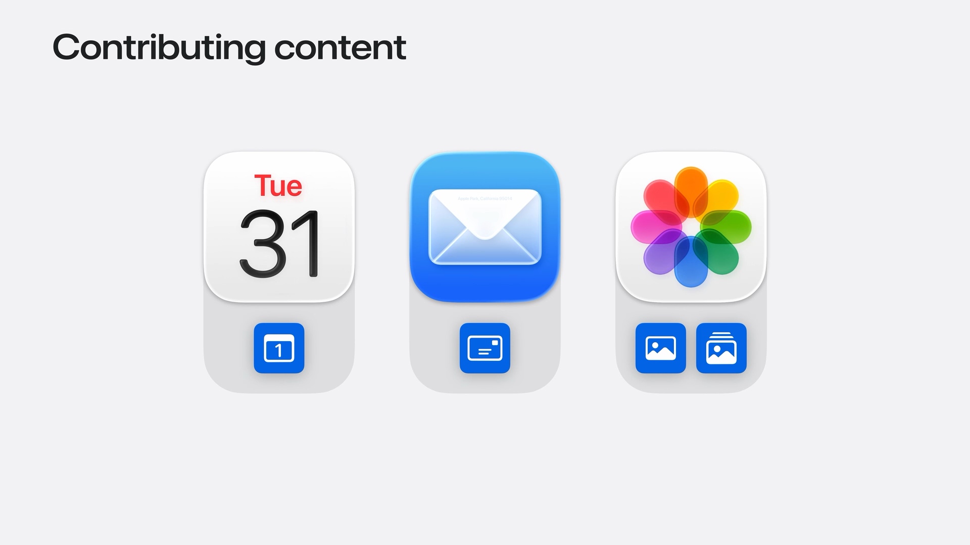 Calendar, Mail, and Photos icons paired with entities representing an event, a message, a photo, and a photo album.