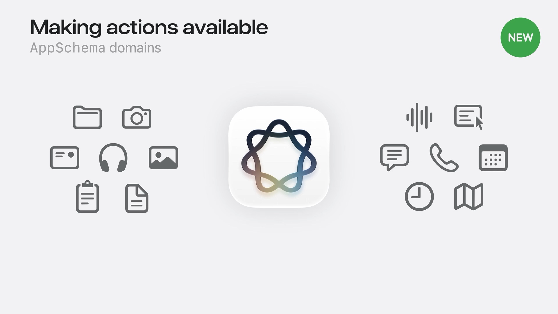 Apple's AppSchema domains slide shows the Apple Intelligence icon surrounded by symbols for content and tasks, including photos, messages, calls, calendars, and maps.