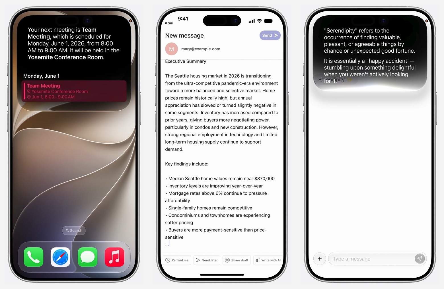Three iPhones side by side: Siri shows the next meeting, an app prepares an email to Mary, and Siri explains the word serendipity from the visible conversation.