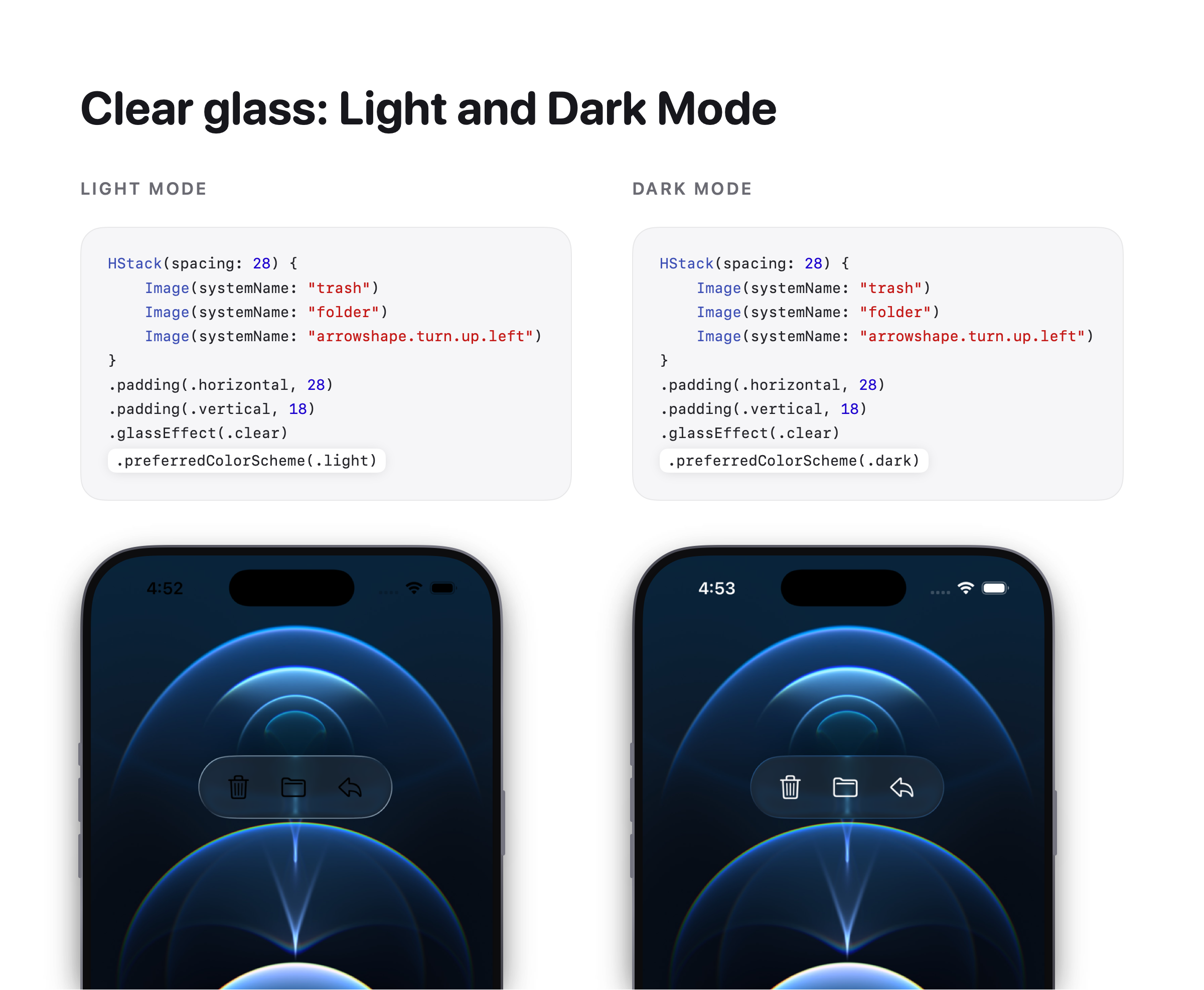Clear glass over the same dark wallpaper. The default symbols are dark in Light Mode and light in Dark Mode.