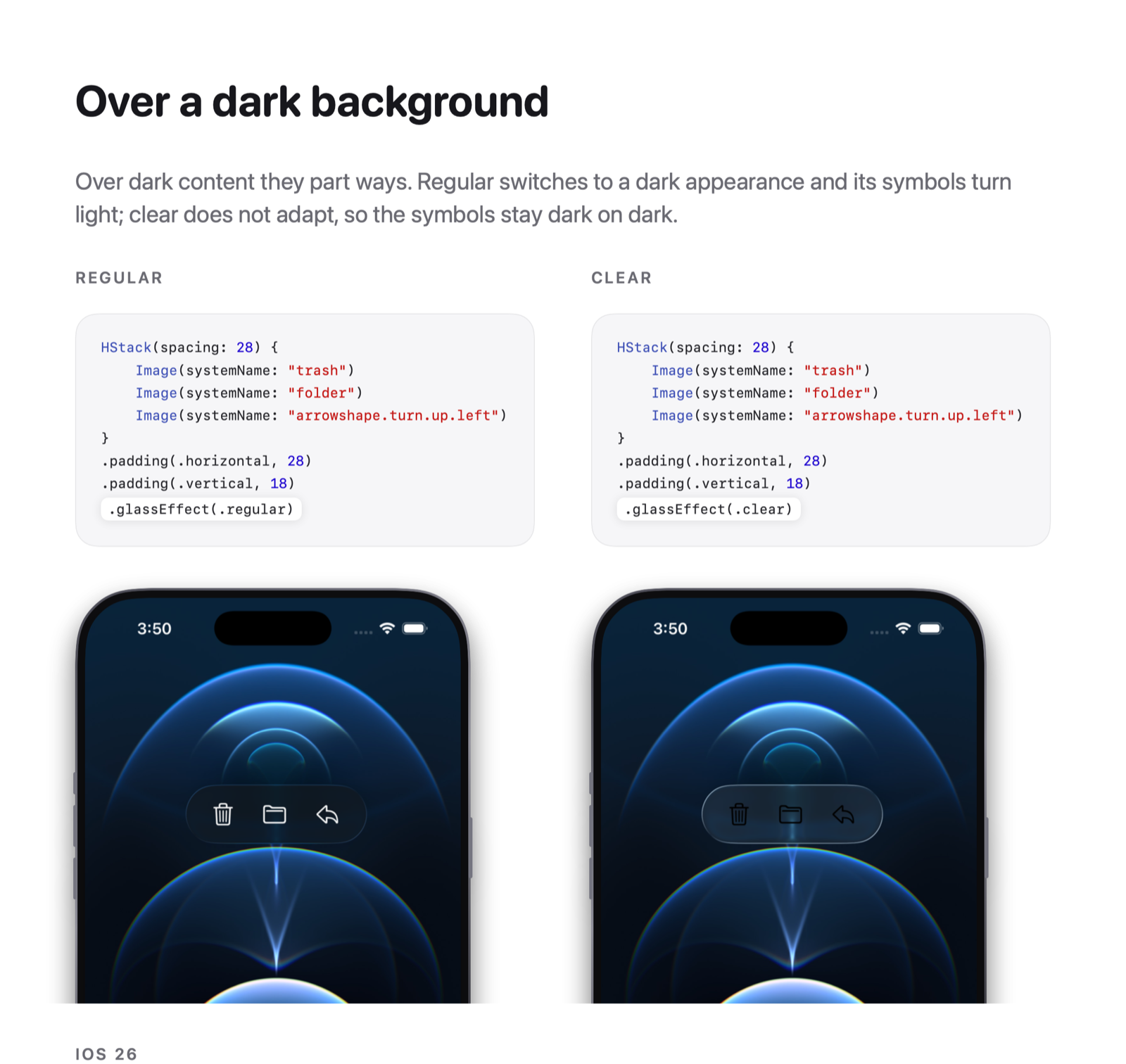 Over a dark background, regular glass shows light symbols while clear glass keeps dark symbols. Both examples are in Light Mode.