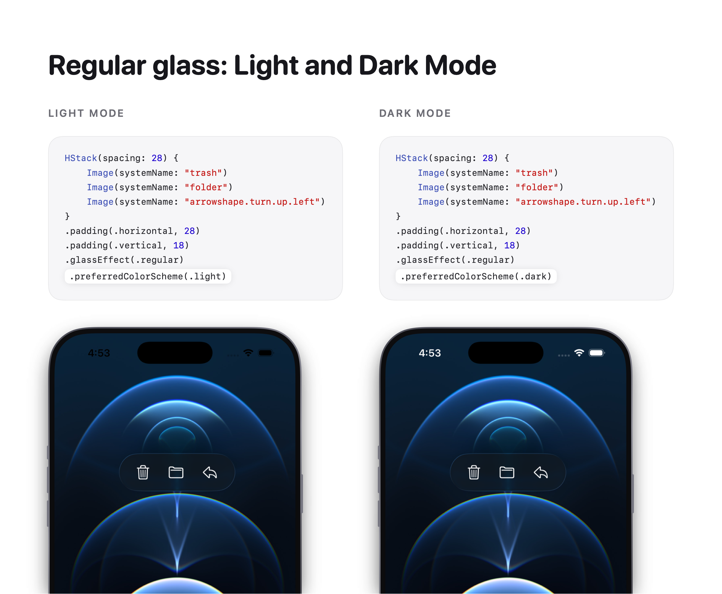 Regular glass over the same dark wallpaper. The symbols remain light in both Light Mode and Dark Mode.