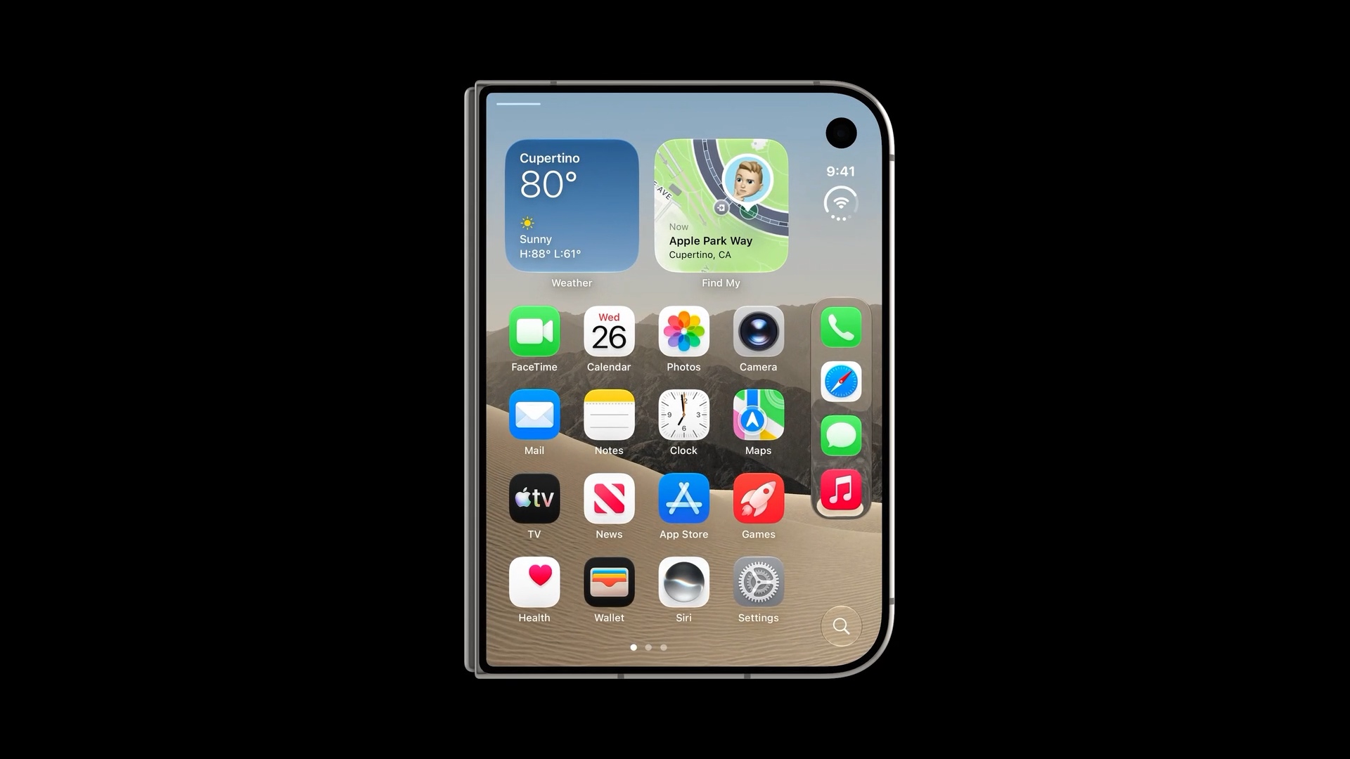 The Home Screen on the outer display of a closed iPhone Duo.