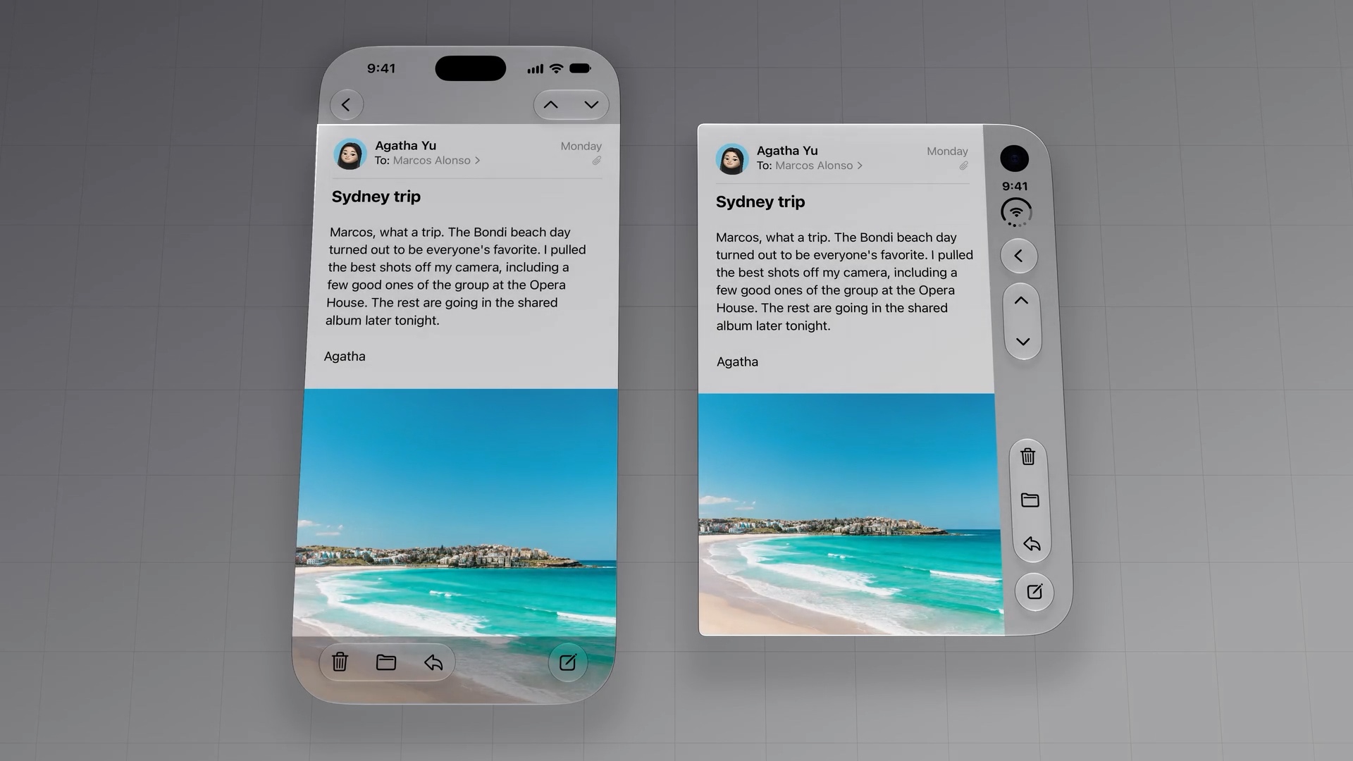Mail on a traditional iPhone and a closed iPhone Duo, with similar content areas highlighted and controls placed at the top and bottom versus the side.
