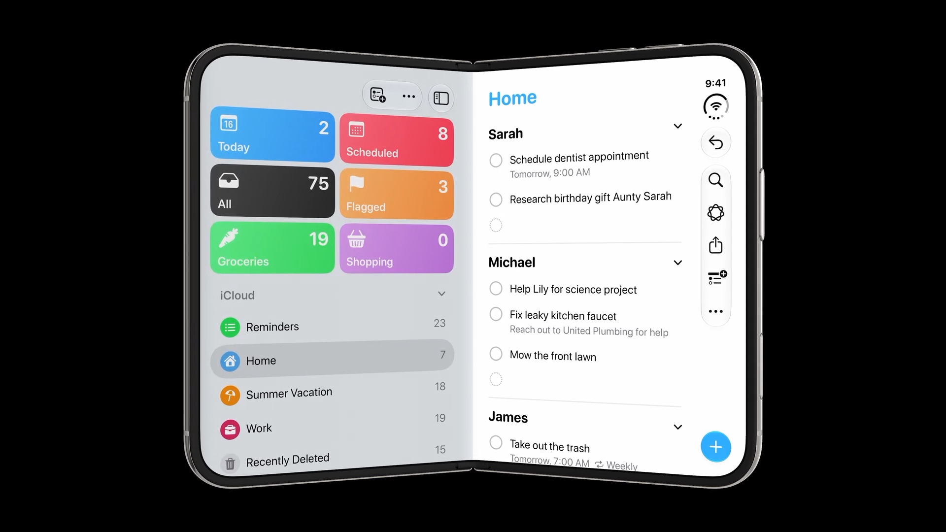 Reminders on a partially folded iPhone Duo, with lists and reminders positioned on either side of the center fold.