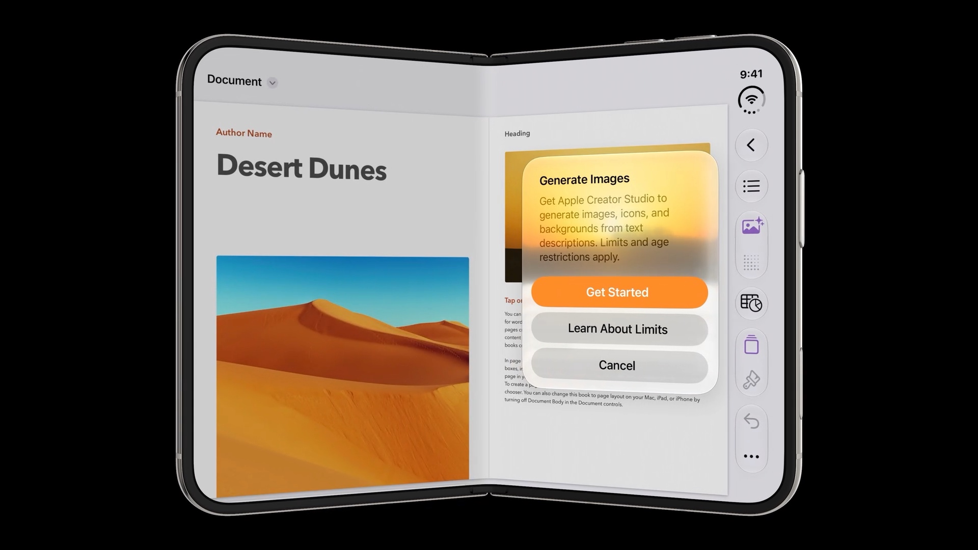 A Generate Images dialog and its buttons positioned on the right half of a partially folded iPhone Duo, away from the center fold.