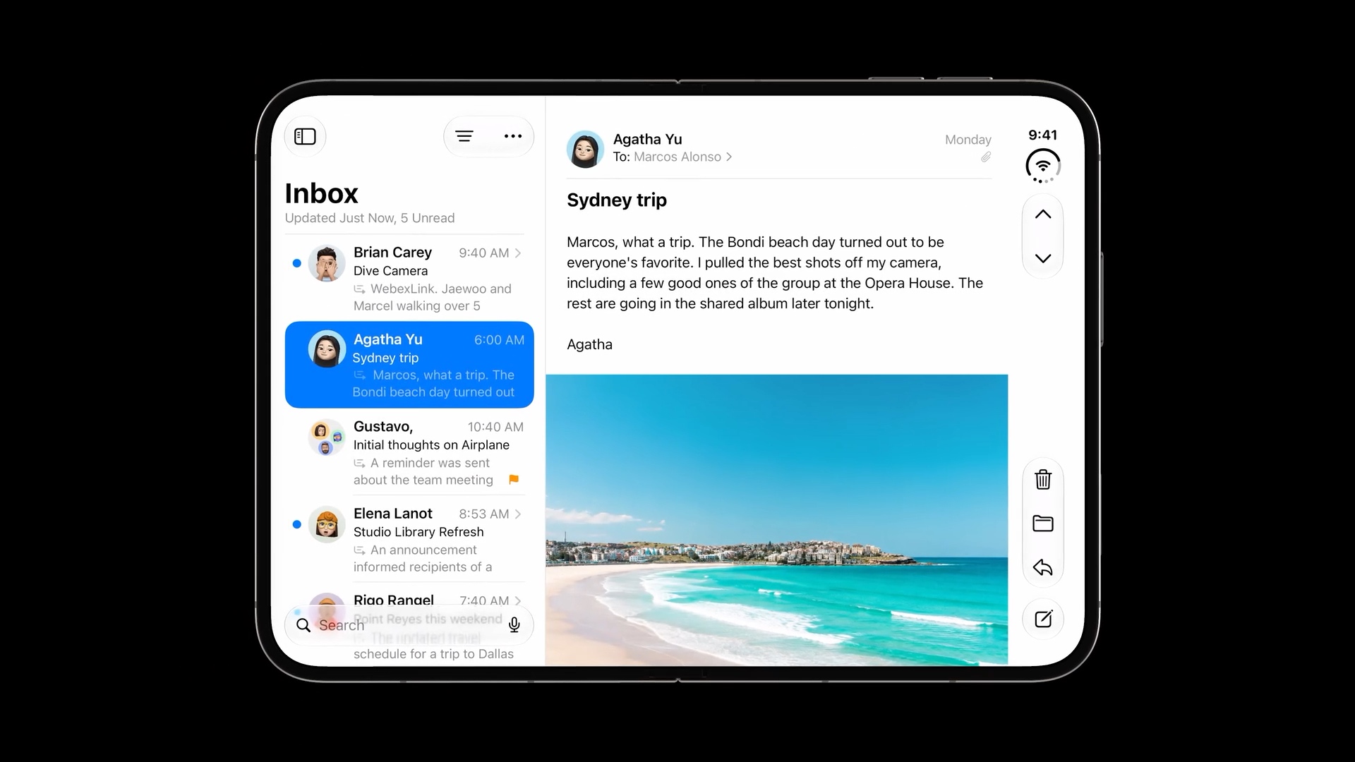 Mail on a fully open iPhone Duo in landscape, with the inbox on the left and message controls along the right edge.