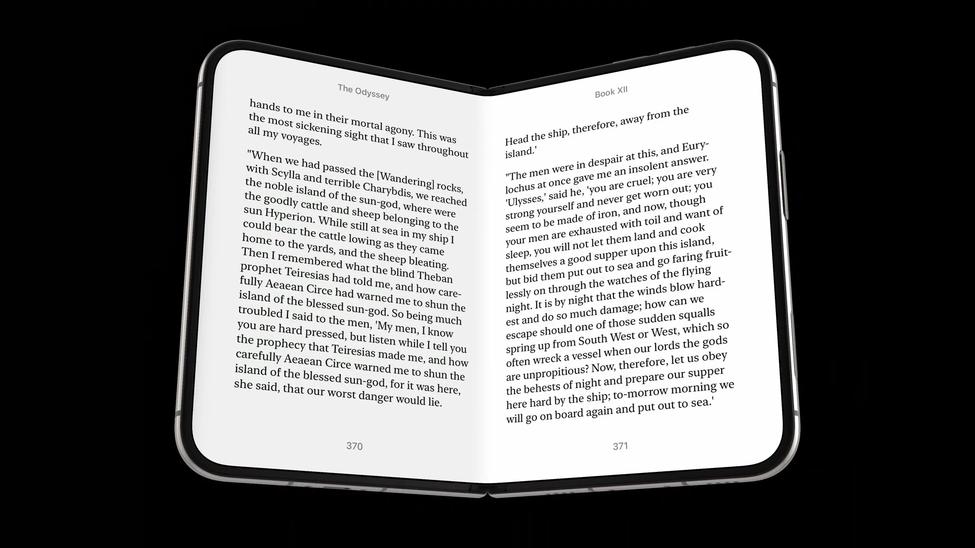A partially folded iPhone Duo showing two book pages, one on each side of the fold.