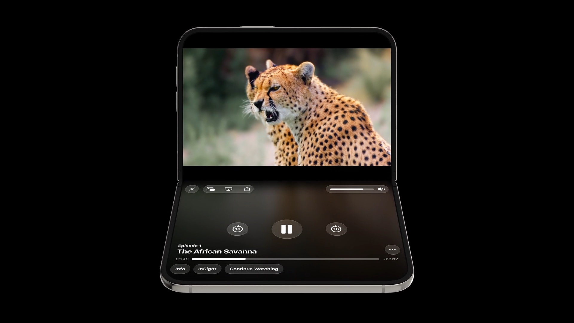 A partially folded iPhone Duo in portrait orientation, with video on the top half and playback controls on the bottom half.