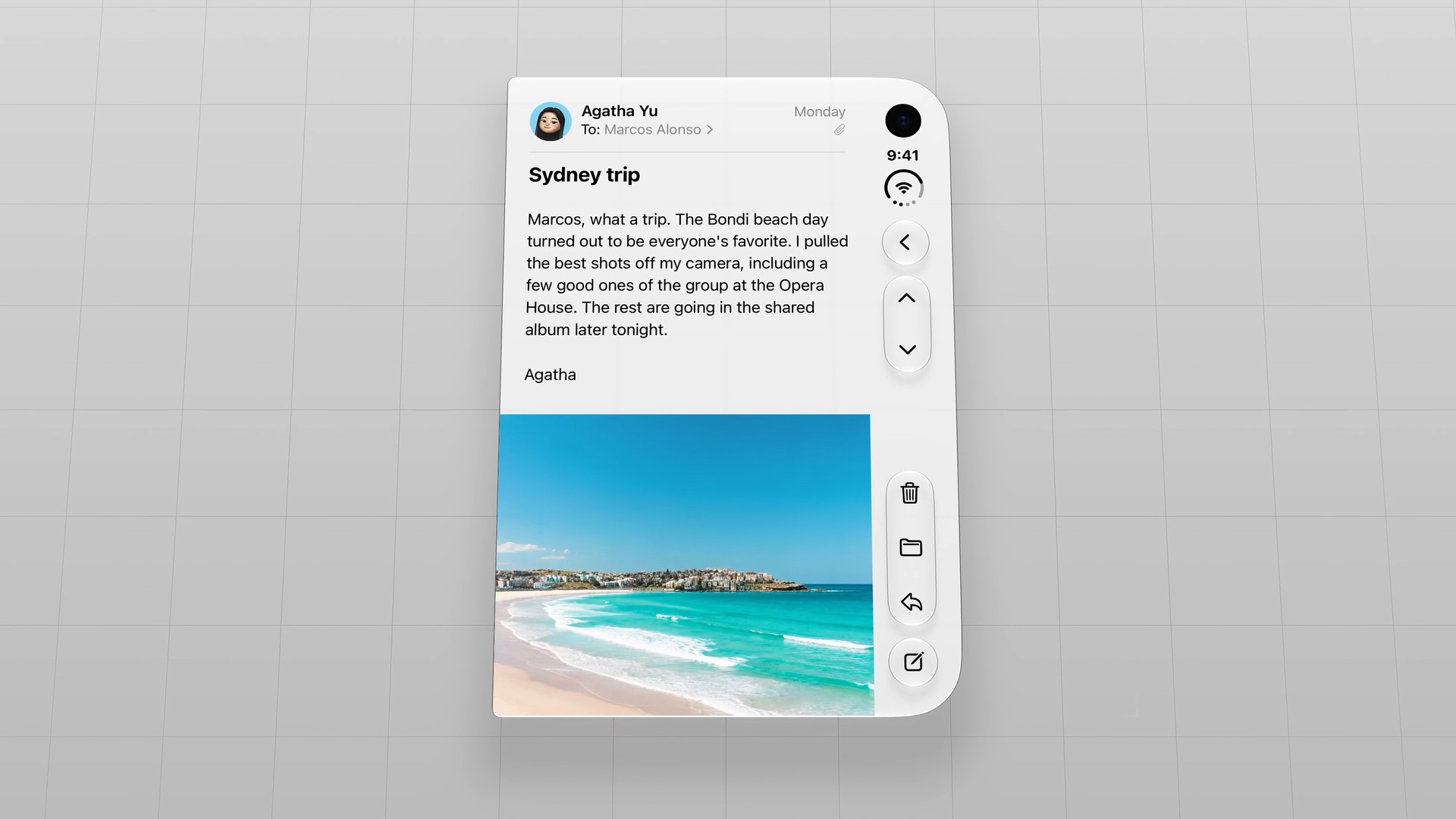 Mail with navigation and toolbar controls arranged vertically along the right edge of the outer display.