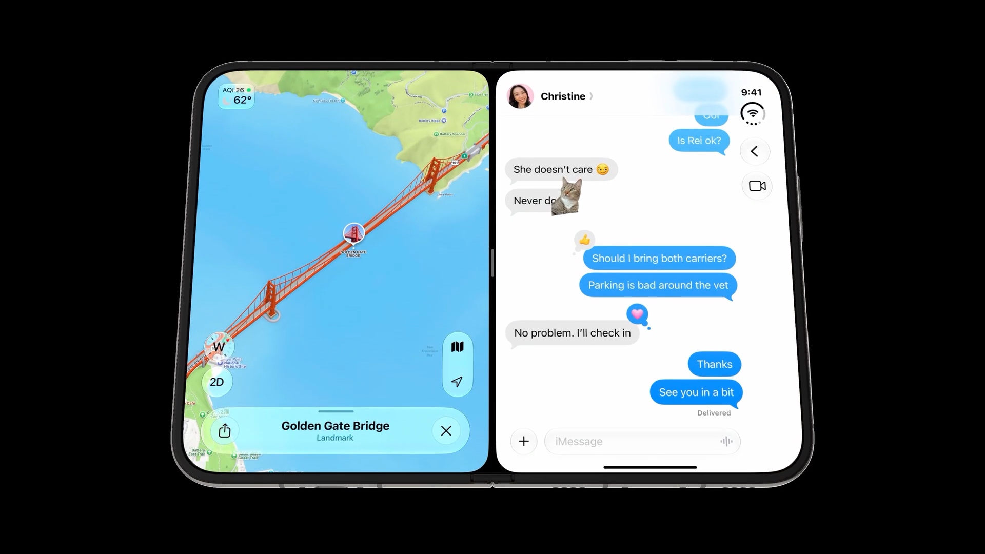 Maps and Messages running side by side in Split View on an open iPhone Duo.
