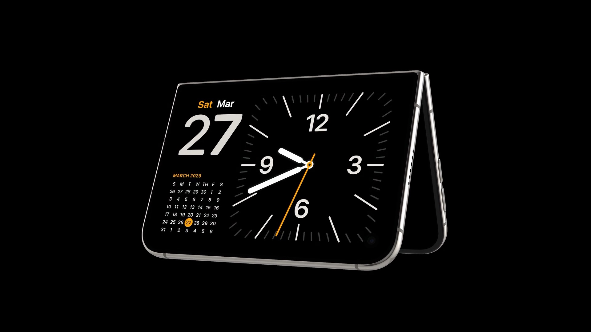 iPhone Duo standing on its edges in a tent-like position, with a clock and calendar on the outer display.