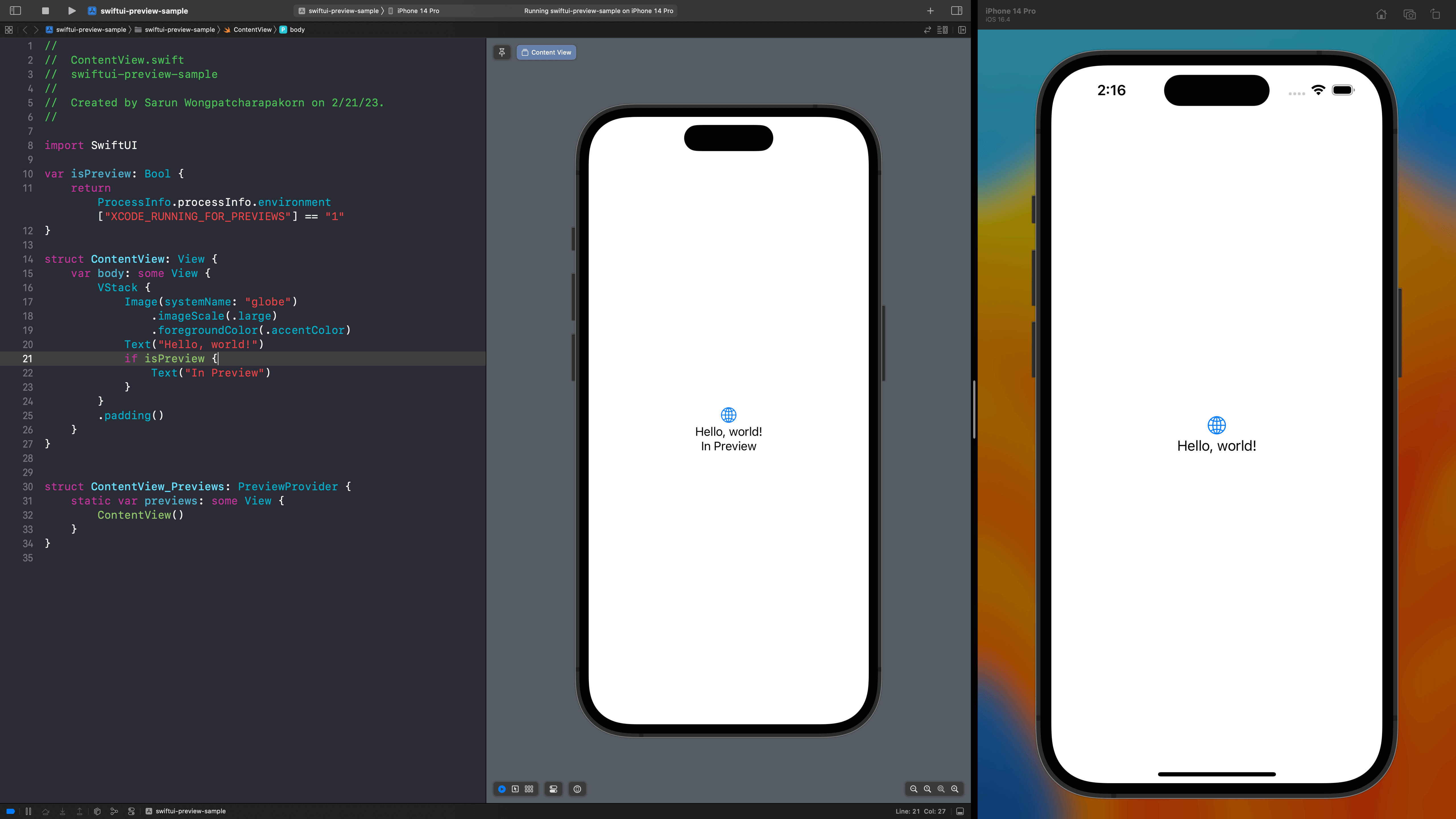 On the left: Xcode Previews, and On the right: Simulator.