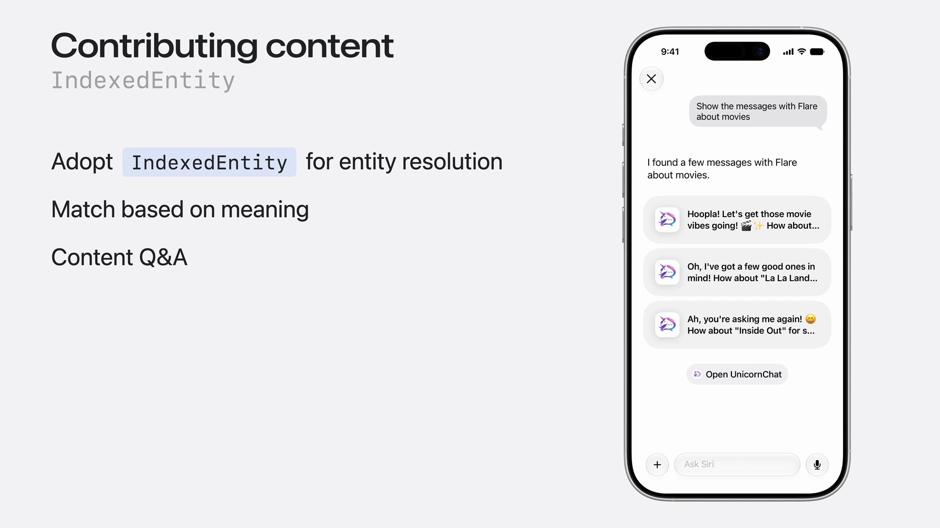 Siri responds to Show the messages with Flare about movies with three UnicornChat results, including messages mentioning La La Land and Inside Out.