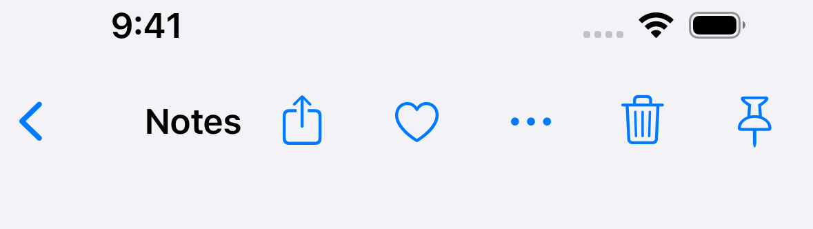 iOS 17 navigation bar with a back chevron and no label, the full Notes title, and five icons on the right.