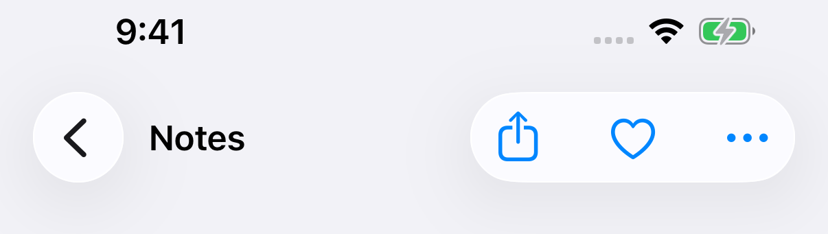 A round back button, then the Notes title right next to it, and a capsule with three items on the right.