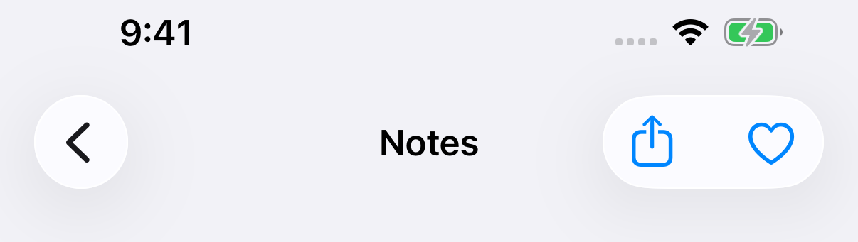 A round back button on the left, the Notes title centered, and Share and Favorite on the right.