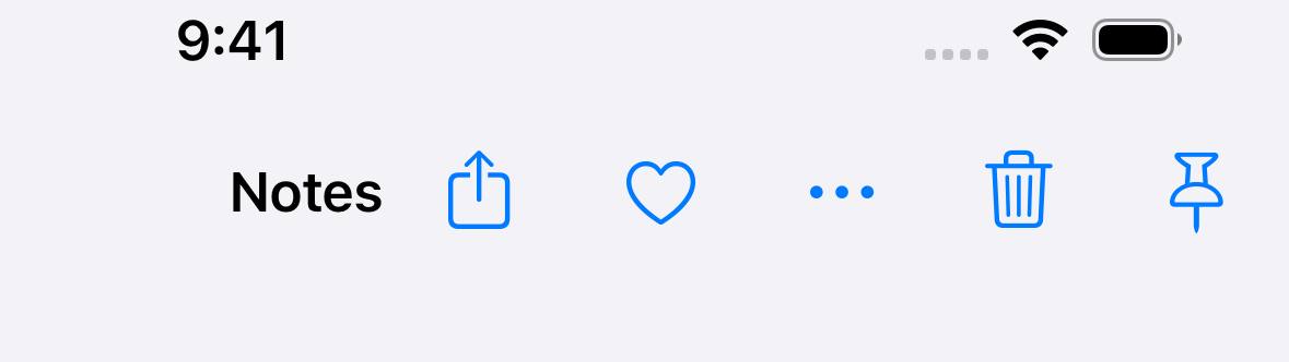 iOS 17 navigation bar with the Notes title a little left of center and five icons on the right.