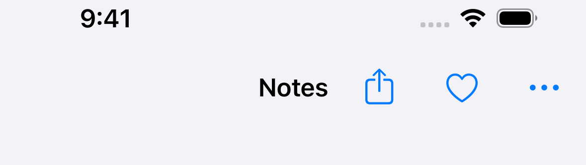 iOS 17 navigation bar with the Notes title centered and three plain icons on the right.
