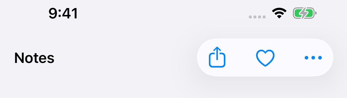 The Notes title on the left edge of the navigation bar, with Share, Favorite, and More in a glass capsule on the right.