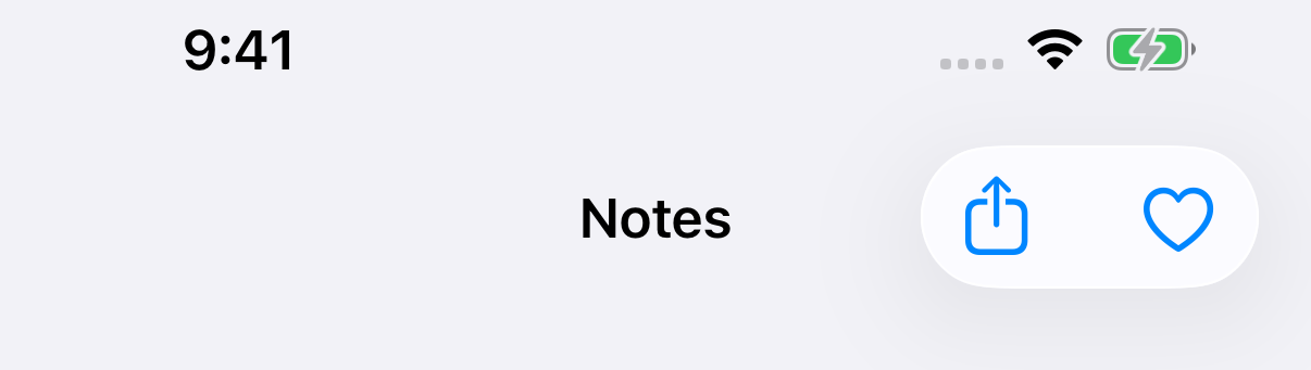 The Notes title centered in the navigation bar, with Share and Favorite in a glass capsule on the right.