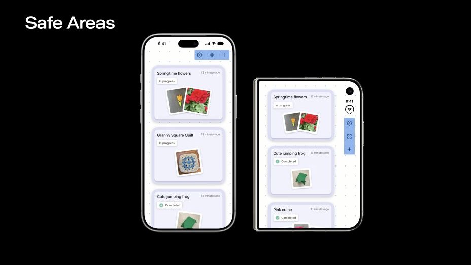 Safe areas and toolbar placement on a conventional iPhone and iPhone Duo.