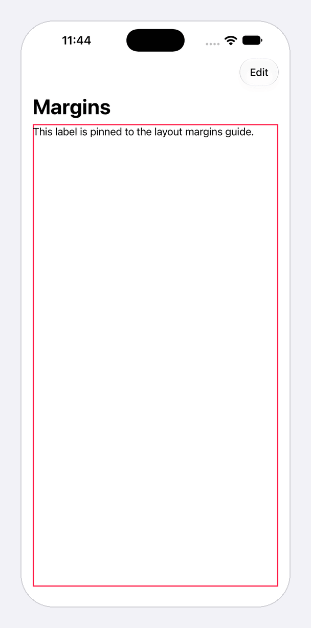 An iPhone 18 Pro Max screen with a large Margins title and an Edit button. A pink border marks the layout margins guide. Its left edge lines up with the start of the title, its right edge lines up with the end of the Edit button, and a label reading "This label is pinned to the layout margins guide." starts at its top-left corner.