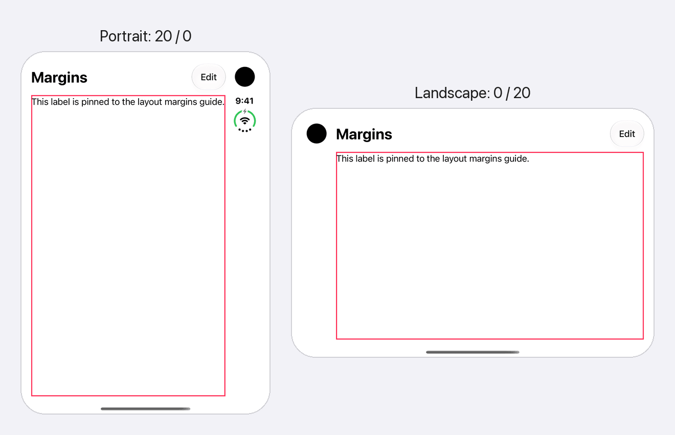 The same screen on a closed iPhone Duo in portrait and landscape, with a pink border around the layout margins guide. In portrait, the vertical bar with the camera and status icons is on the right. The border starts 20 points from the left edge and ends right at the bar, with no gap. In landscape, the bar is on the left. The border starts right after the bar and ends 20 points from the right edge.