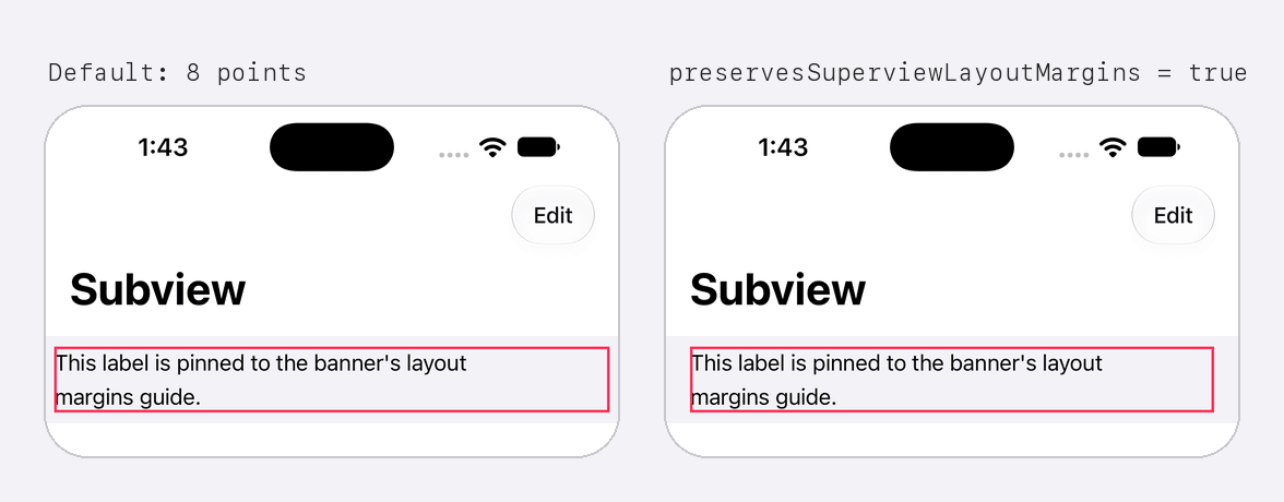 Two screenshots of an iPhone 18 Pro Max with a large Subview title and a full-width gray banner below it. A pink border marks the banner's layout margins guide, and a label is pinned to it. On the left, with the default margins, the label starts 8 points from the edge, to the left of the title. On the right, with preservesSuperviewLayoutMargins set to true, the label starts 20 points from the edge, lined up with the title.