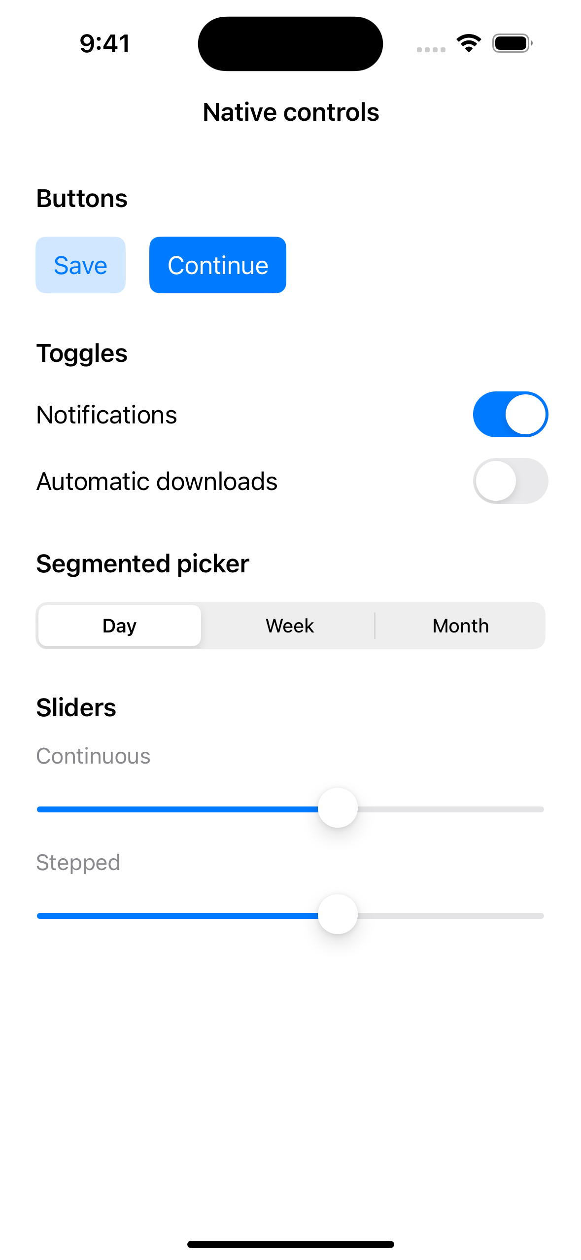 Native buttons, toggles, segmented picker, and sliders on iOS 17.5.