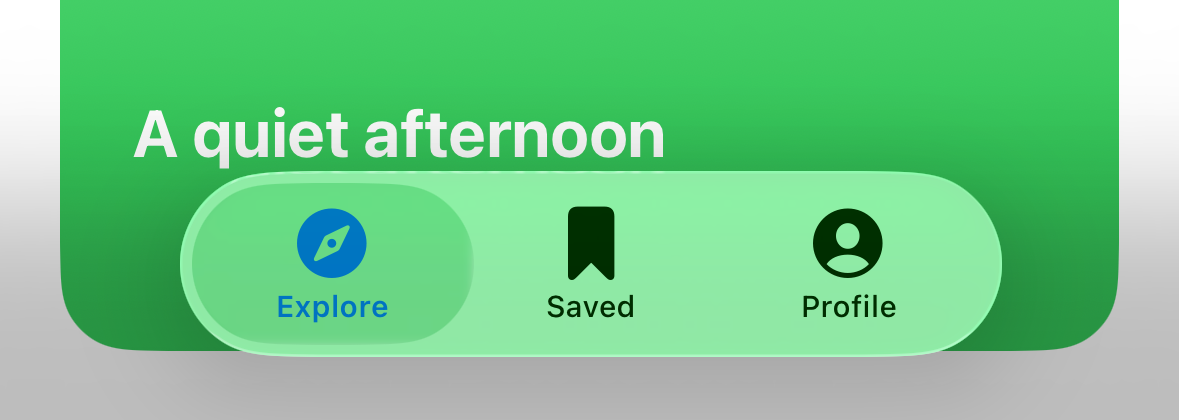 The same SwiftUI tab bar floating above content on iOS 26.3.