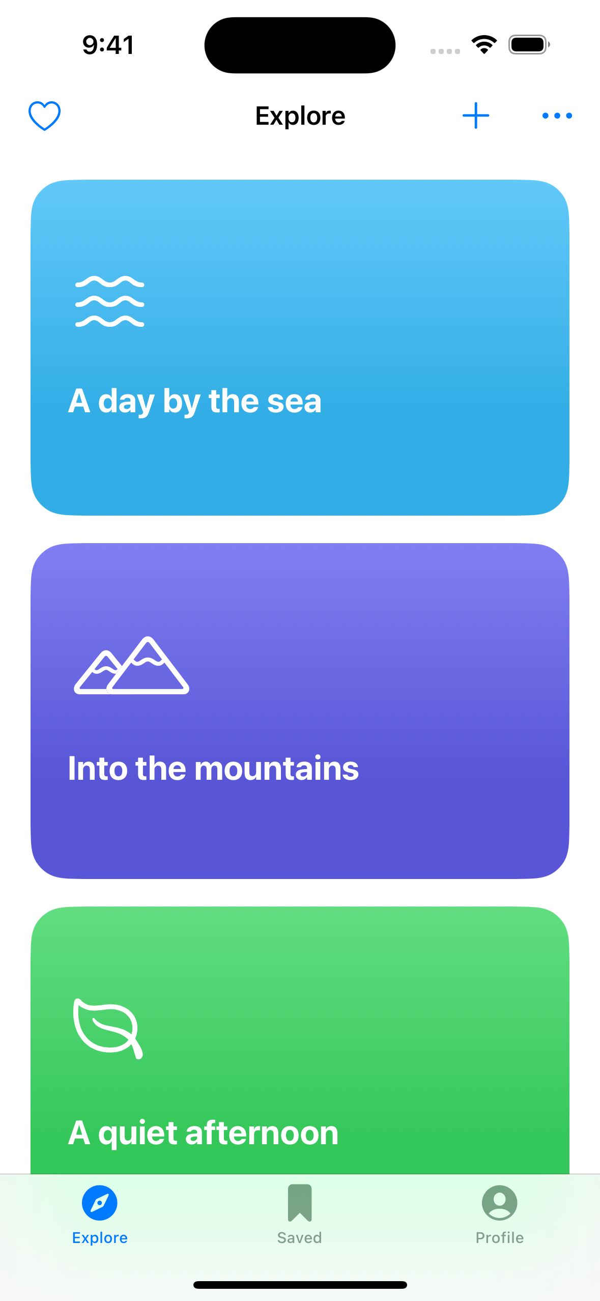 Explore screen with toolbar buttons and an edge-to-edge tab bar on iOS 17.5.