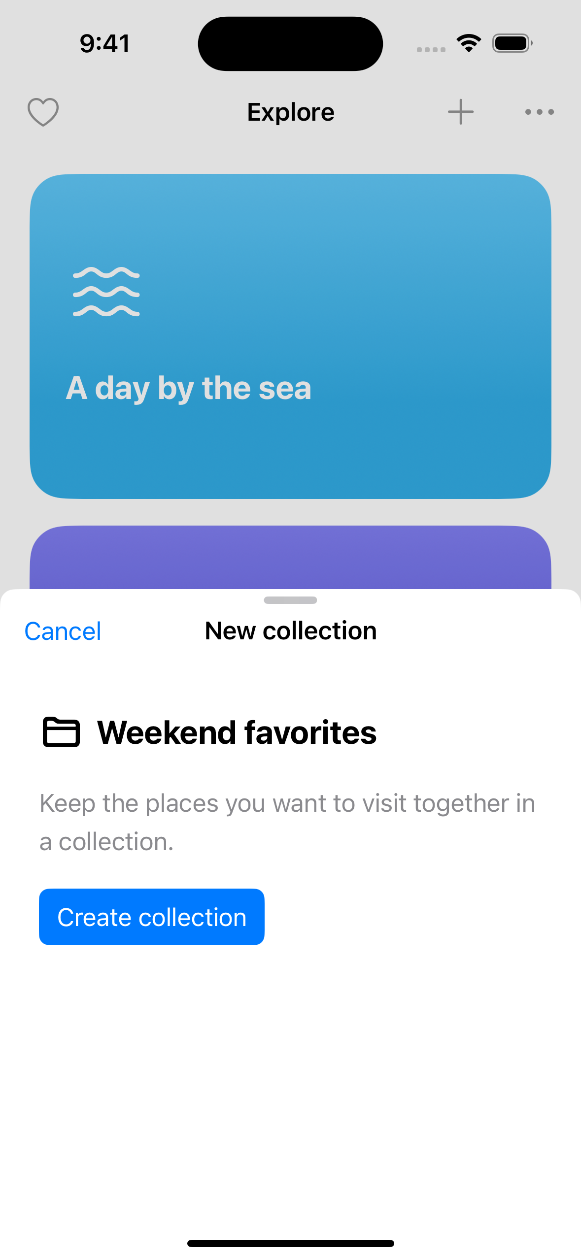 A medium-height New collection sheet on iOS 17.5.