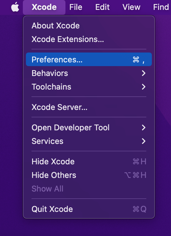 Xcode > Preferences... Menu