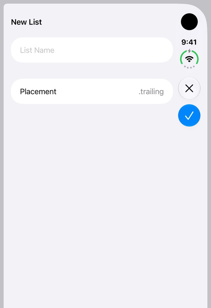 On the closed iPhone Duo, the New List sheet fills the outer display, with close and done stacked vertically under the time on the right.