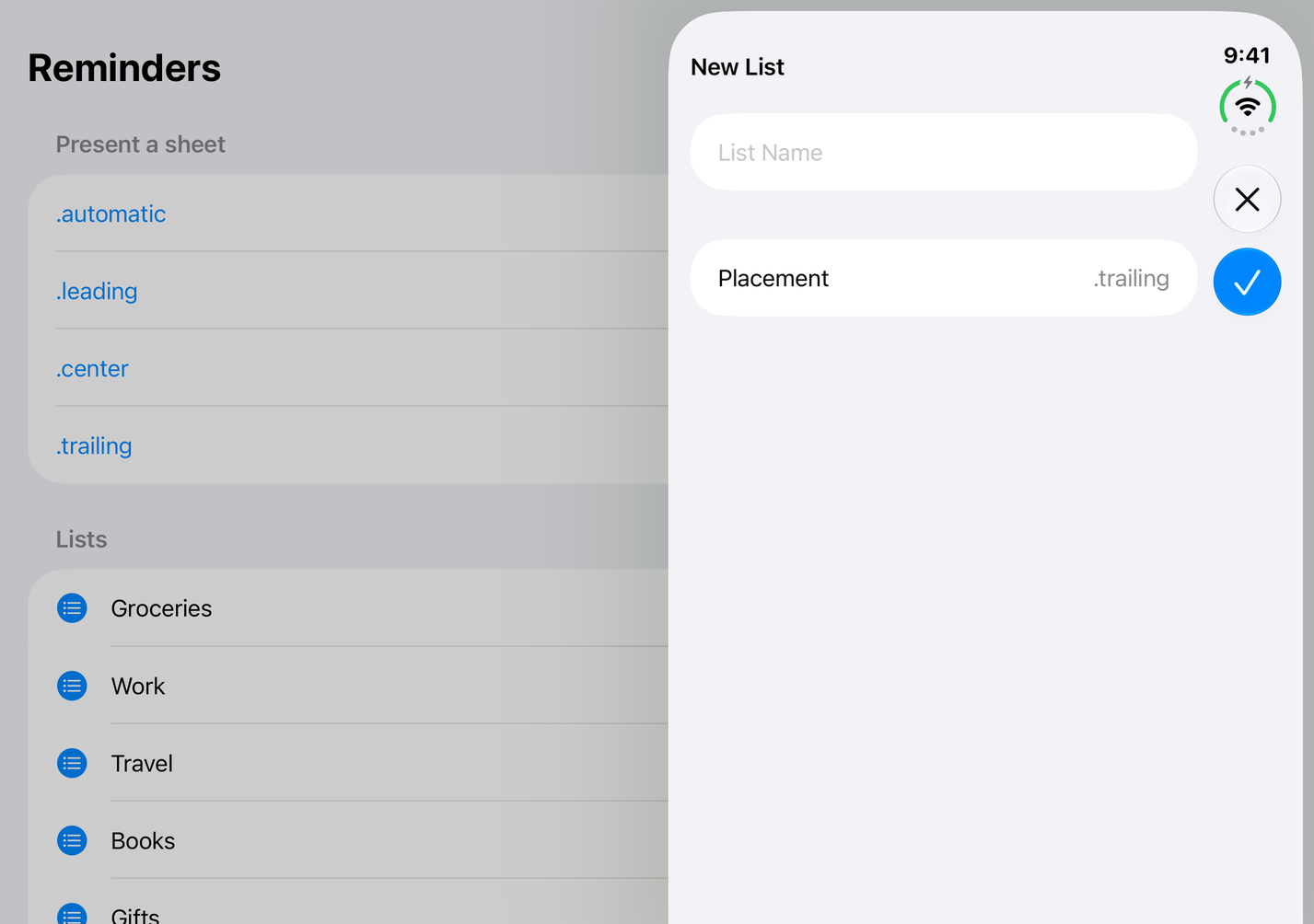 On a half-open iPhone Duo, the New List sheet fills the right half, with close and done stacked in the vertical bar under the time.